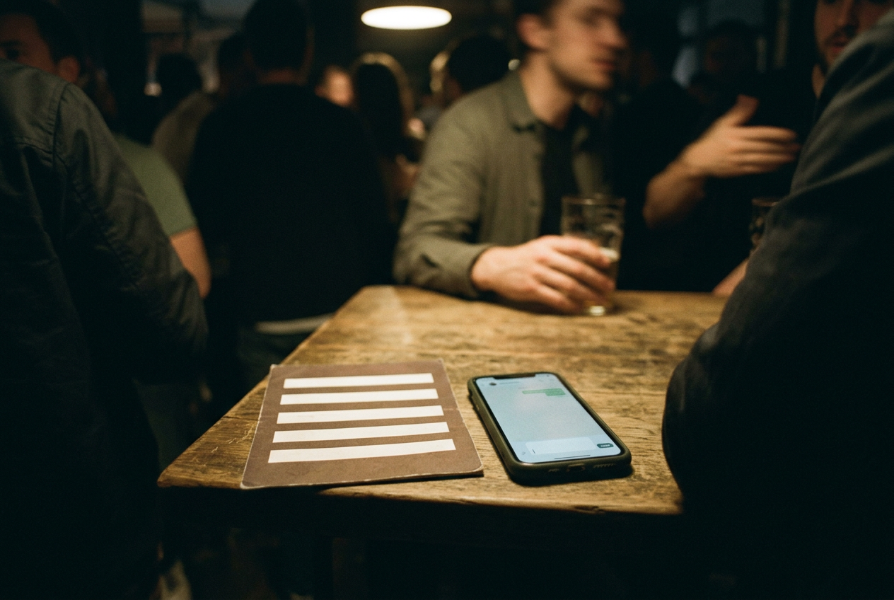 A white index card with four mental-health chatbot test prompts beside a phone showing a chat window.