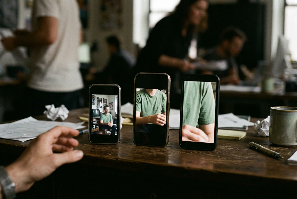 Three phones display differently cropped versions of the same vertical video, with one username still visible.