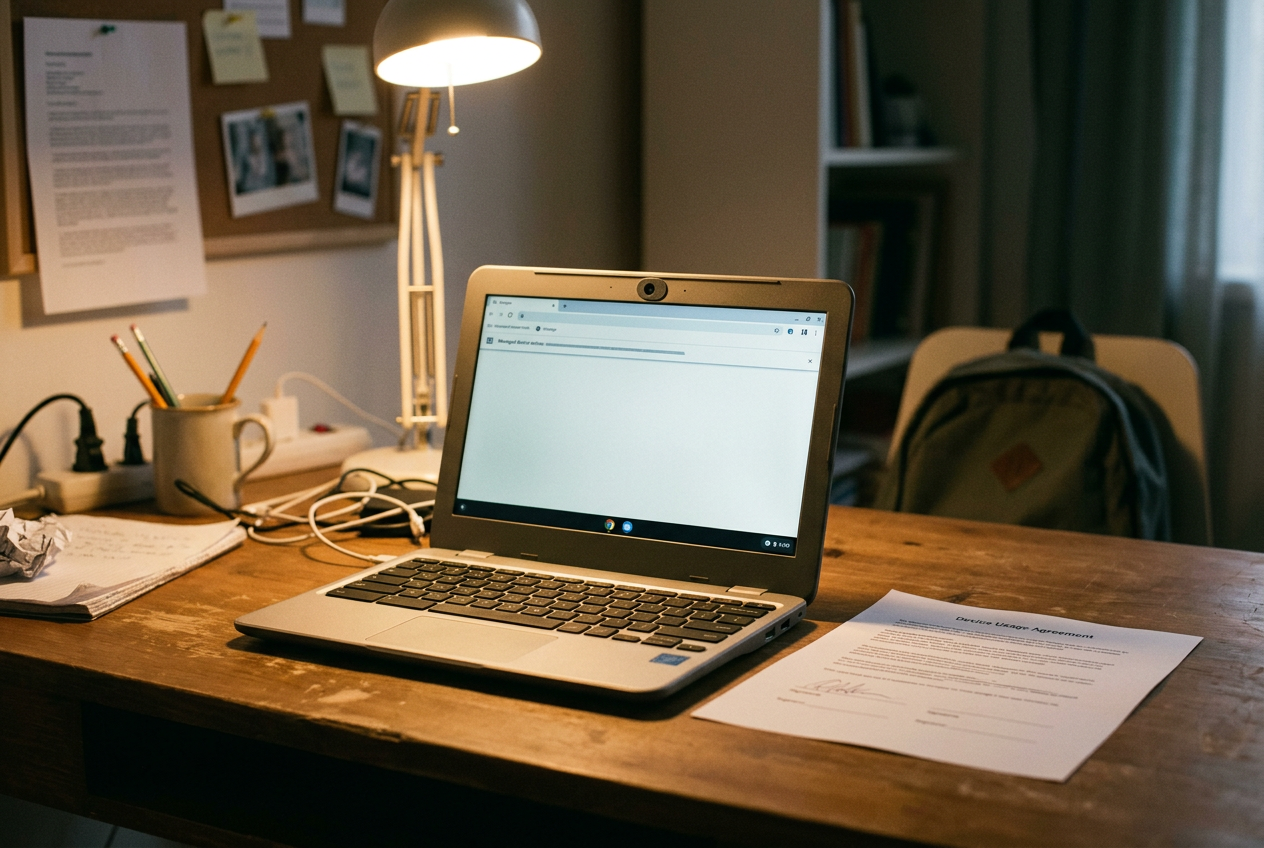 A school-issued Chromebook open on a bedroom desk beside a printed acceptable-use policy.