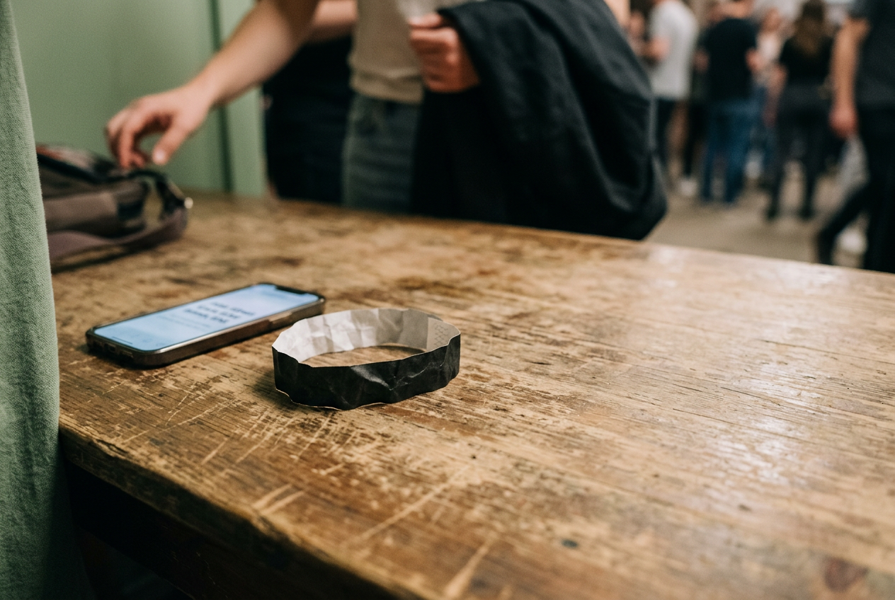 A black disposable wristband beside a phone displaying a late-release venue address.