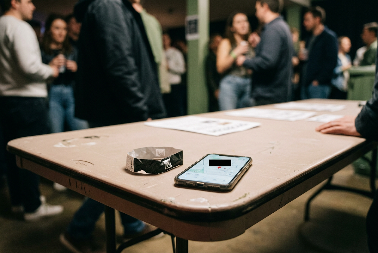 A black Tyvek wristband beside a phone displaying a private location message on a dark warehouse check-in table.