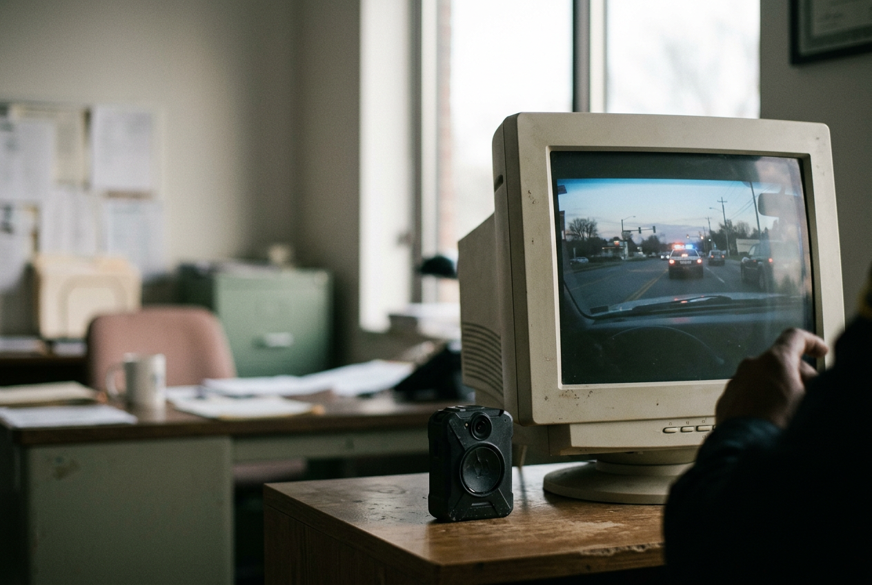 A body camera clipped to a police uniform beside a monitor showing the opening frame of a traffic-stop video.