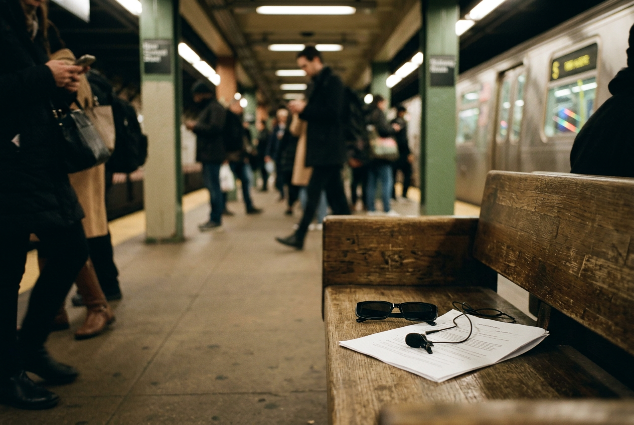 Slim black sunglasses, a lavalier microphone and a folded appearance release resting on a scratched subway bench.