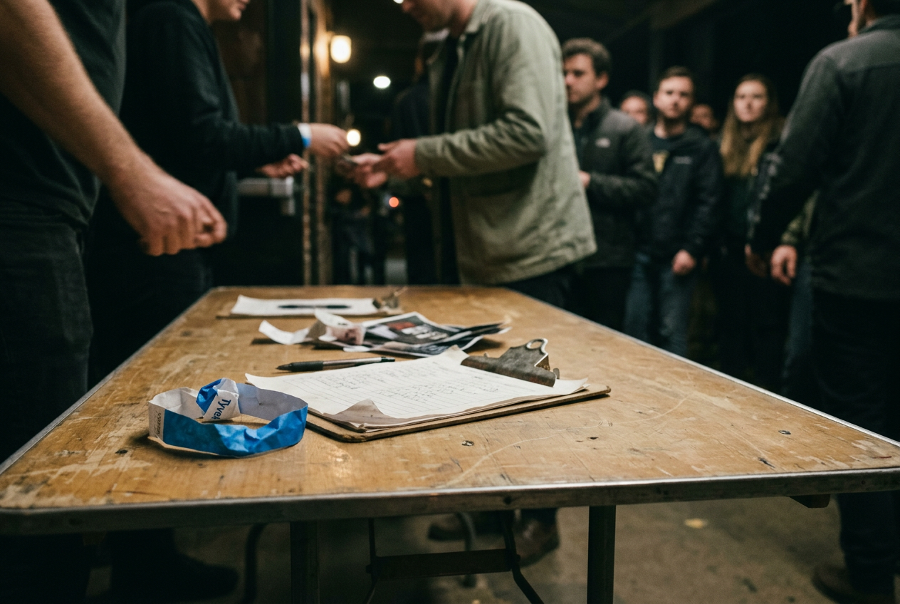A blue Tyvek event wristband fastened around a wrist beside a handwritten guest list at a venue door.