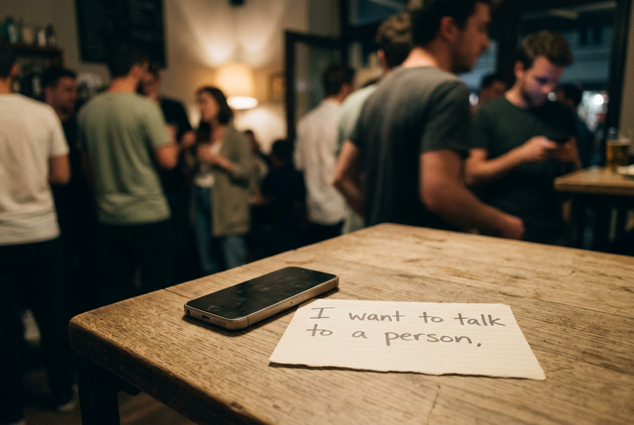 A phone displaying a mental-health chatbot beside a handwritten request to speak with a person.