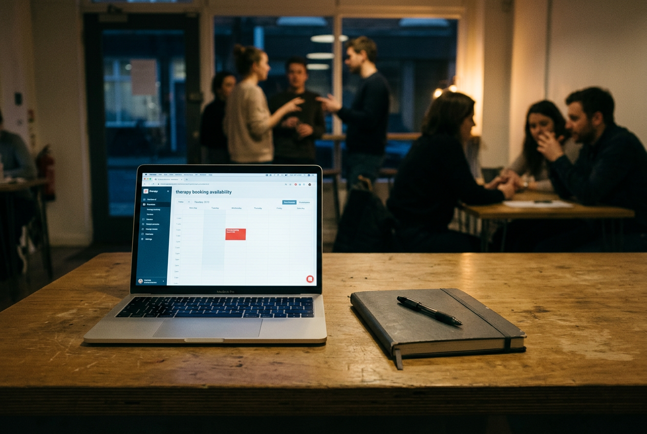 A laptop showing an online therapy availability selector with Tuesday evening chosen beside a notebook.