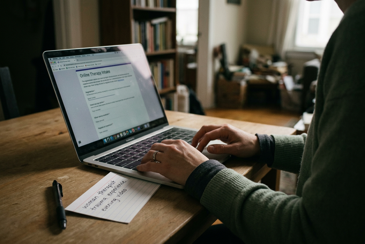 A white index card listing therapist preferences beside a laptop displaying an online therapy intake form.