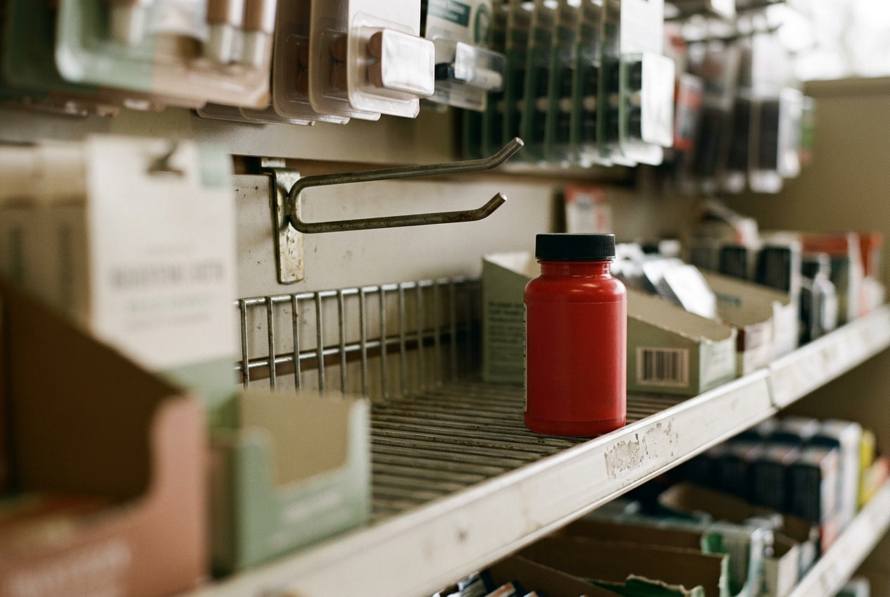 A red plastic bottle labeled ZaZa Red on a bare convenience-store shelf beside an empty product hook.