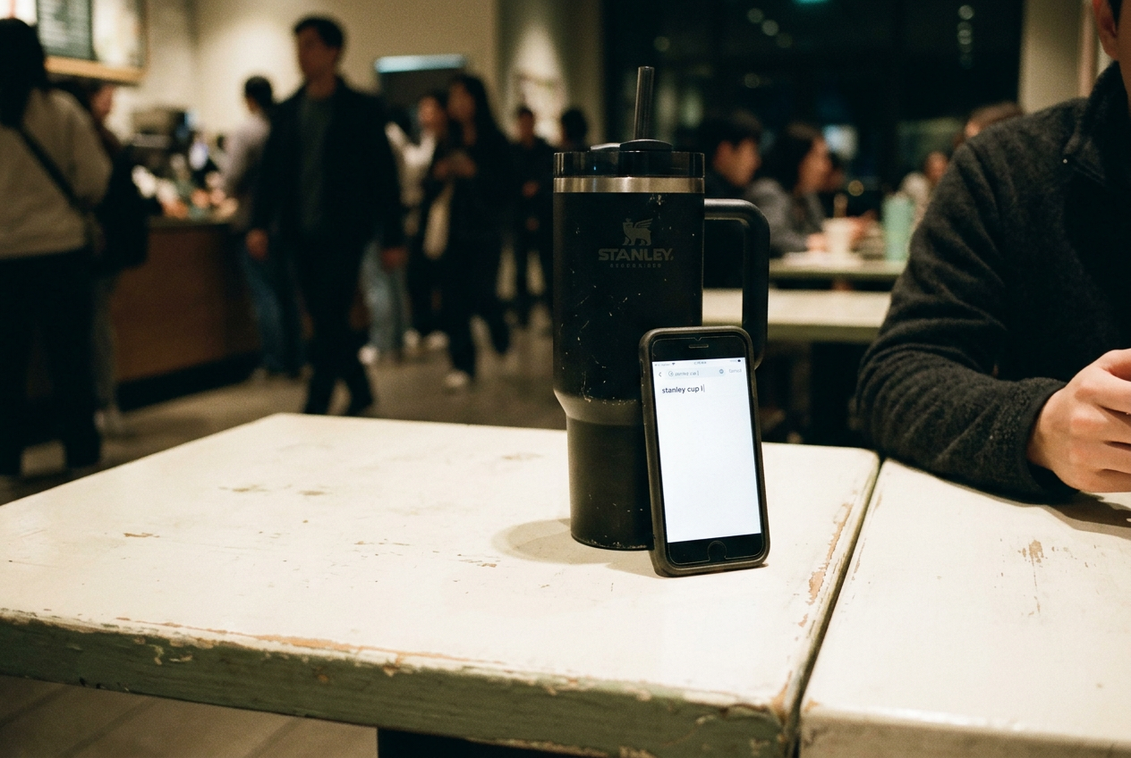 A Stanley Quencher beside a phone displaying a partially typed TikTok search query.