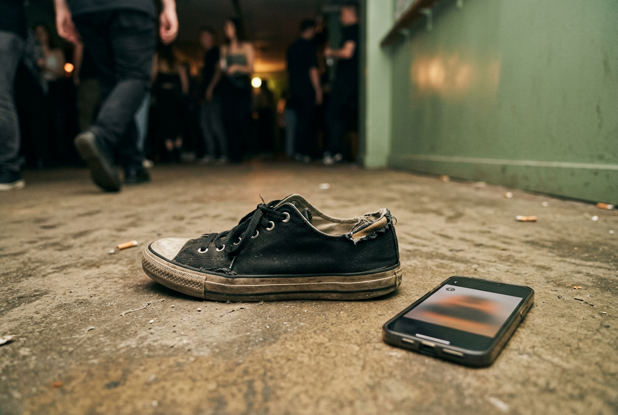 A black canvas sneaker beside a phone showing a TikTok carousel, with the torn inner heel visible in the final slide.