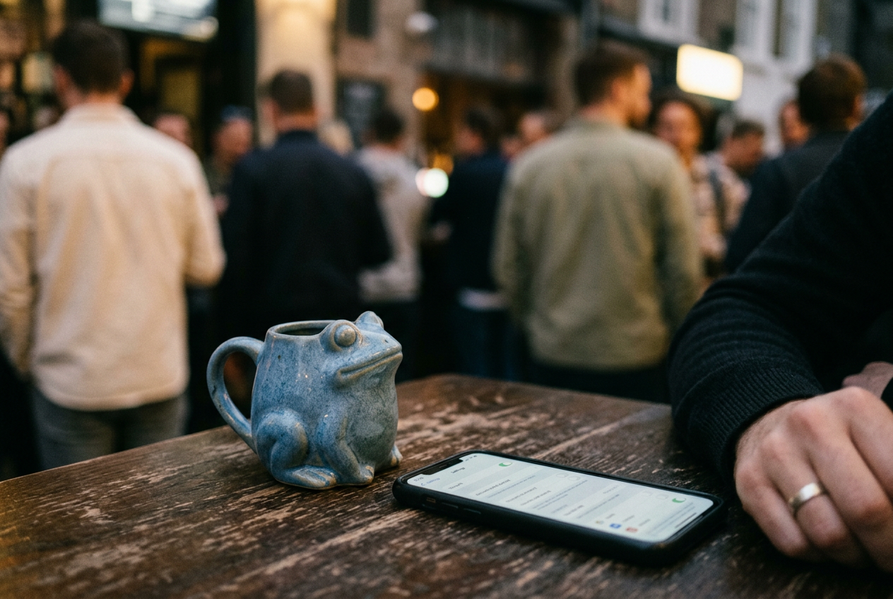 A blue ceramic frog mug beside a phone displaying TikTok’s video keyword settings.