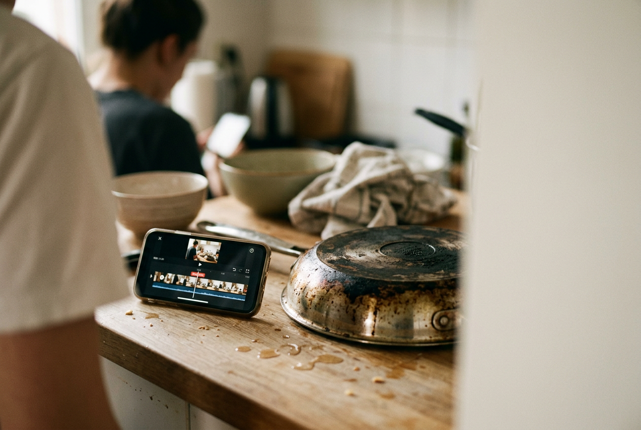 A phone editing timeline shows a pan-cleaning video stretched just beyond the one-minute mark.