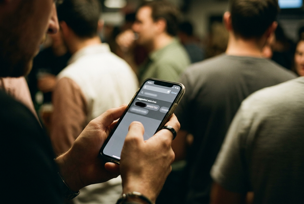 A phone showing a TikTok suggested-search row beneath videos, with the celebrity name obscured.
