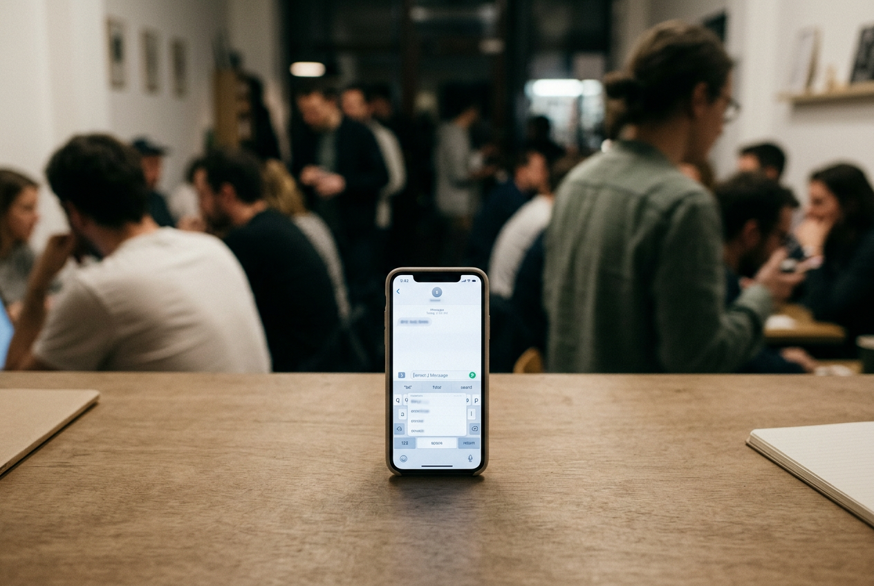A phone displaying TikTok search suggestions beneath an anonymized creator query on a plain desk.