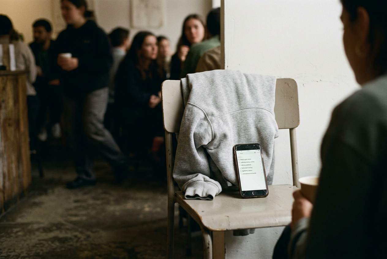 A phone displaying generic TikTok search suggestions beside a gray cotton hoodie draped over a chair.