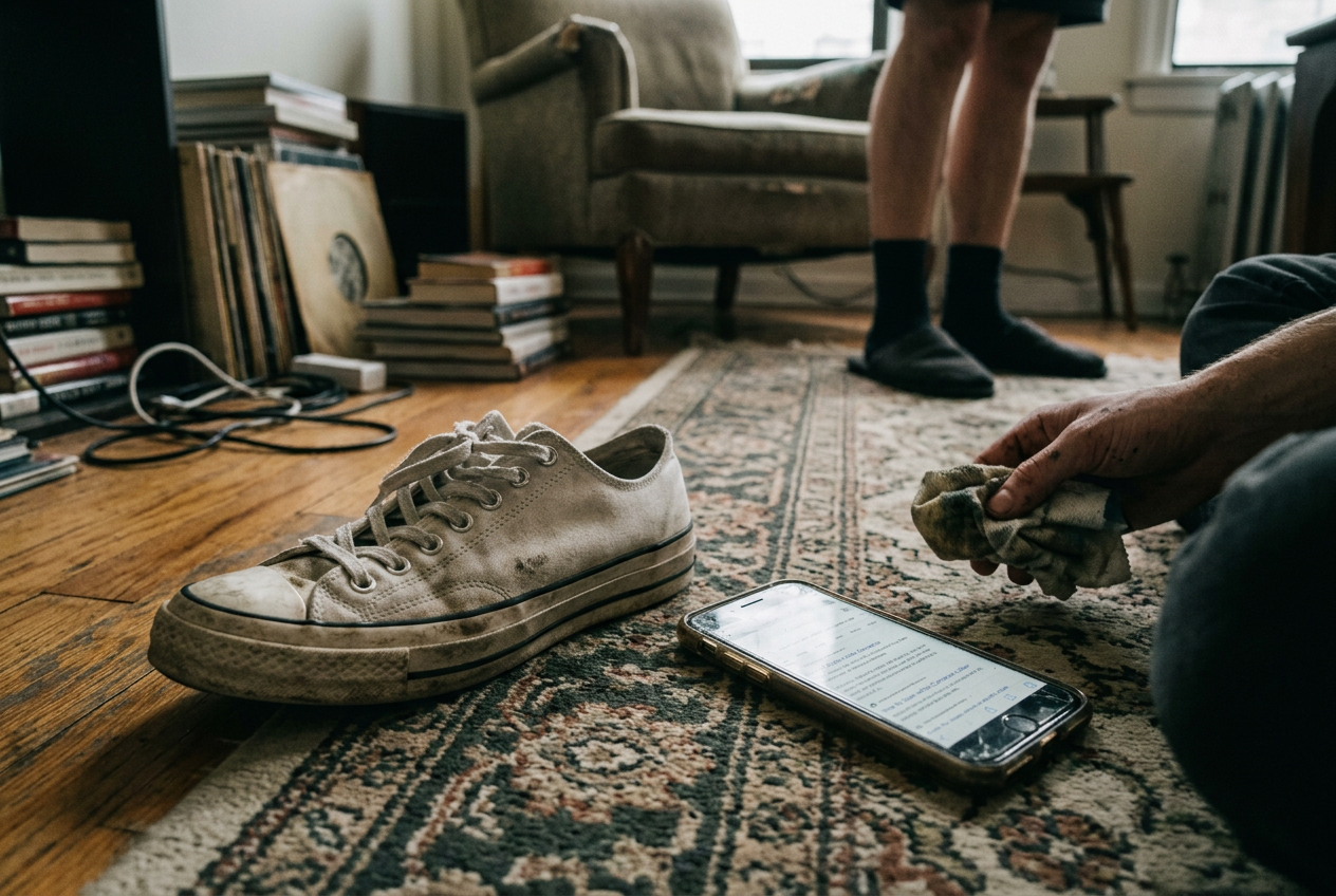 A white Converse Chuck 70 with a gray streak across the rubber toe beside a phone showing TikTok search.