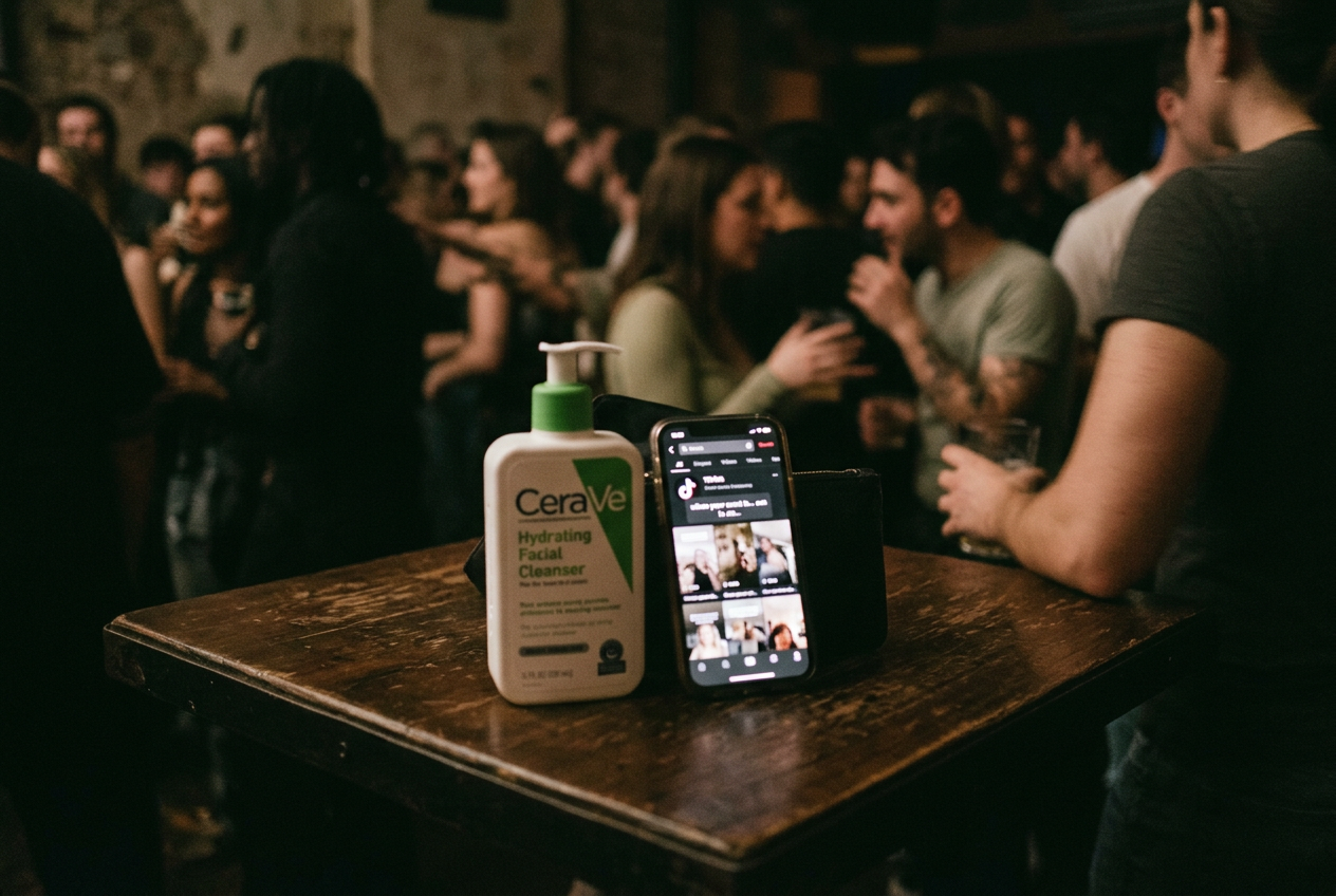 A green-and-white CeraVe Hydrating Facial Cleanser bottle beside a phone displaying TikTok captions.