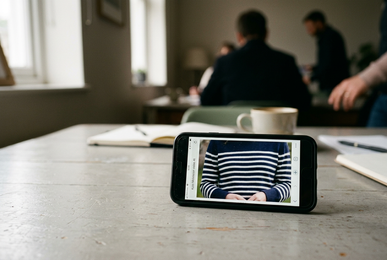 A phone displaying a TikTok search for “Kate Middleton video AI” beside a paused frame of a striped sweater.