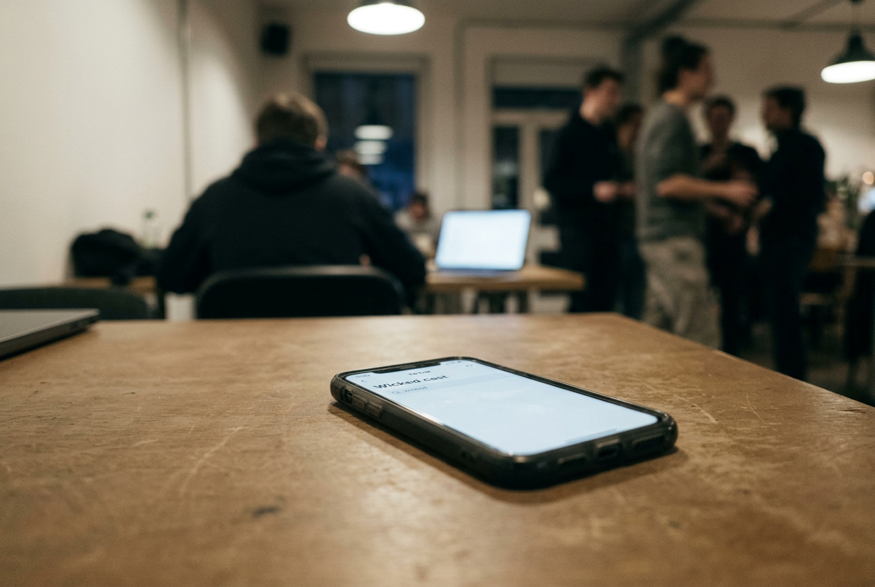 A phone displaying TikTok search suggestions beneath the typed words “Wicked cast” on a plain desk.