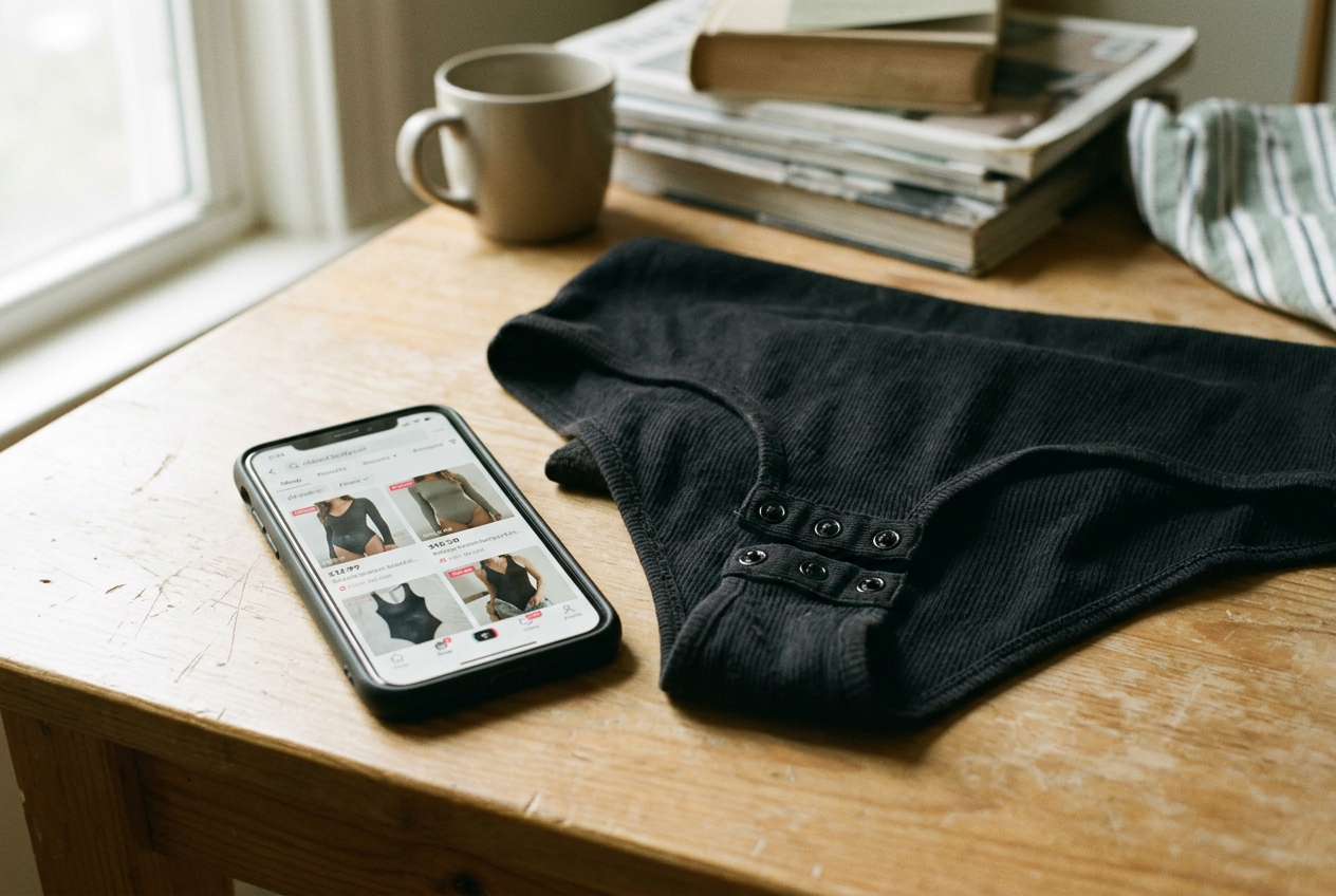 A phone showing TikTok Shop results beside a black ribbed square-neck bodysuit and its snap closure.