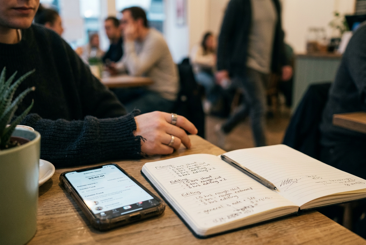 A phone displaying TikTok’s Estimated rewards card beside a notebook used to track video production hours.