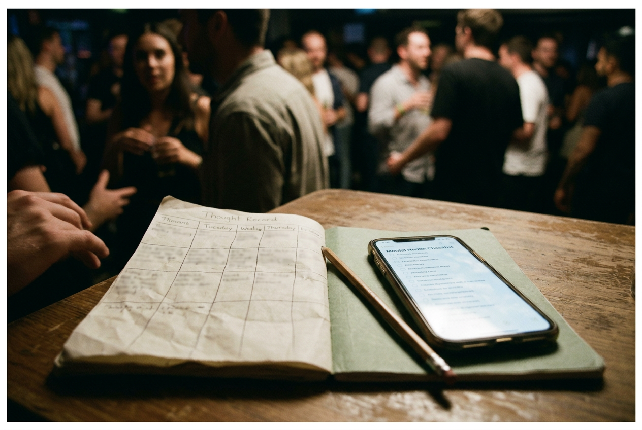 A printed seven-column CBT thought record beside a phone showing a vertical checklist video.