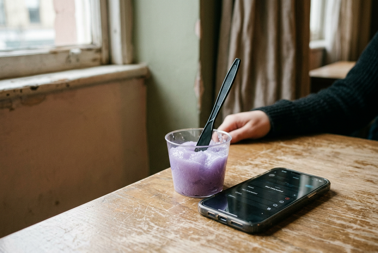 A phone showing TikTok’s Not Interested menu beside a clear cup of lavender slime and a plastic knife.