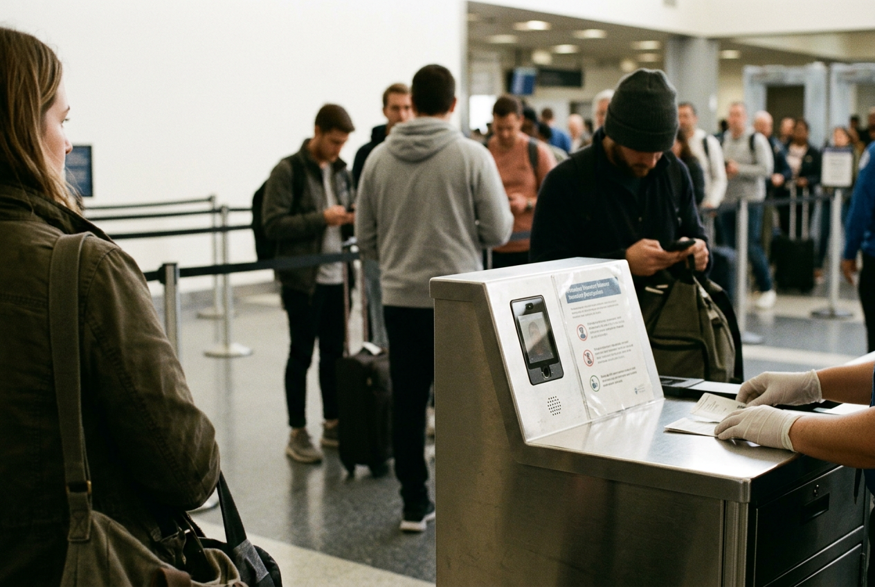 A TSA document-check podium with a facial-recognition camera and an opt-out notice beside the passenger queue.