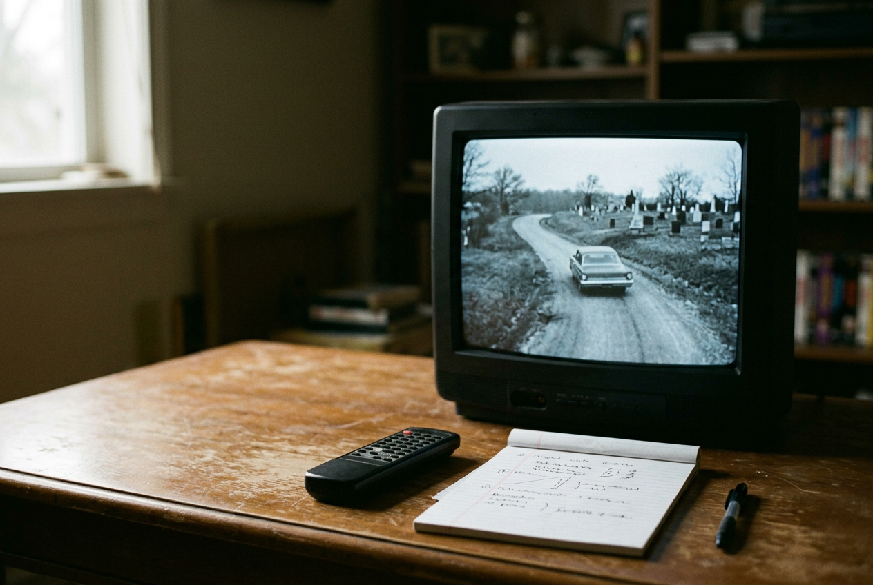 A television showing the cemetery drive in Night of the Living Dead with an ad-break countdown beside the image.