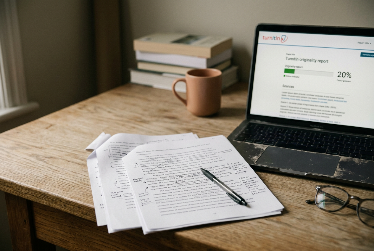 A laptop displays a Turnitin AI-writing report beside a printed student essay marked with revision notes.