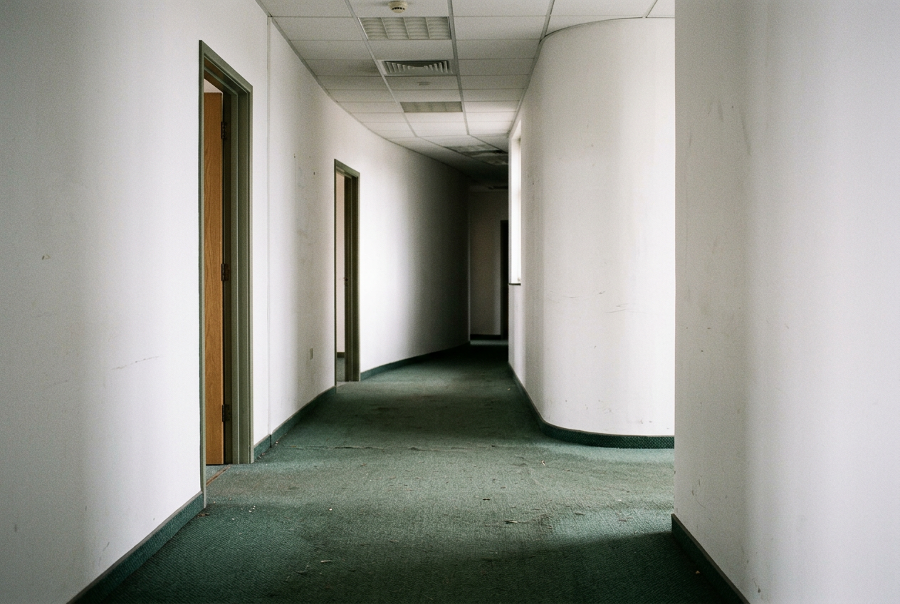 An empty office corridor with white walls, fluorescent lighting and green carpet turning out of view.
