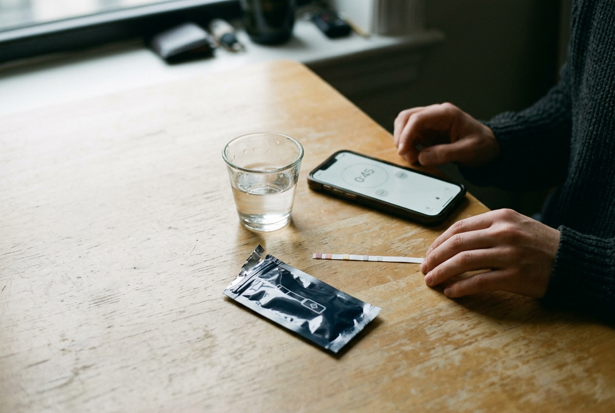 A fentanyl test strip beside its foil pouch, a clean cup, water and a phone timer on a plain table.