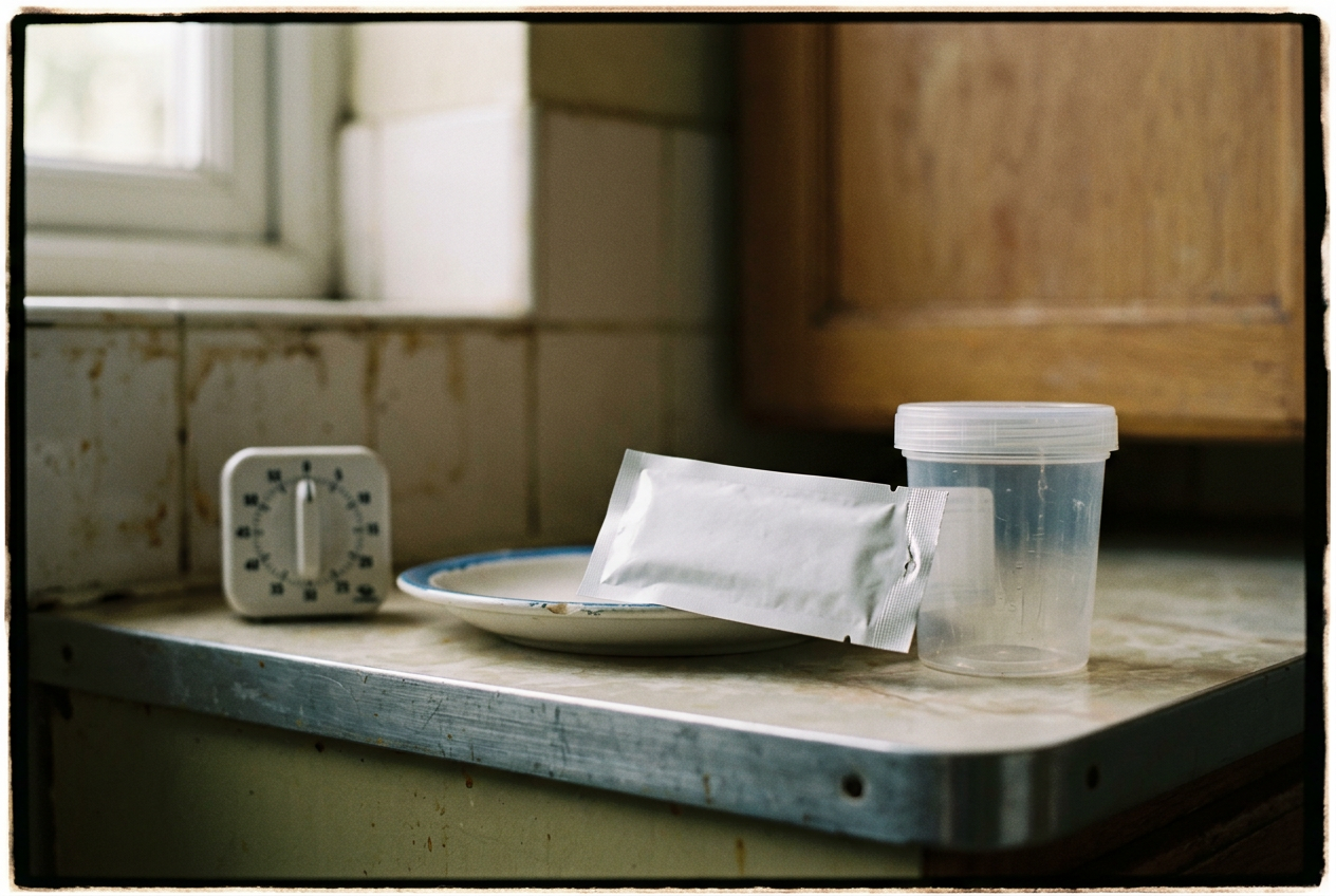 A wrapped fentanyl test strip, clean cup, timer and blue-rimmed white saucer arranged on a kitchen counter.