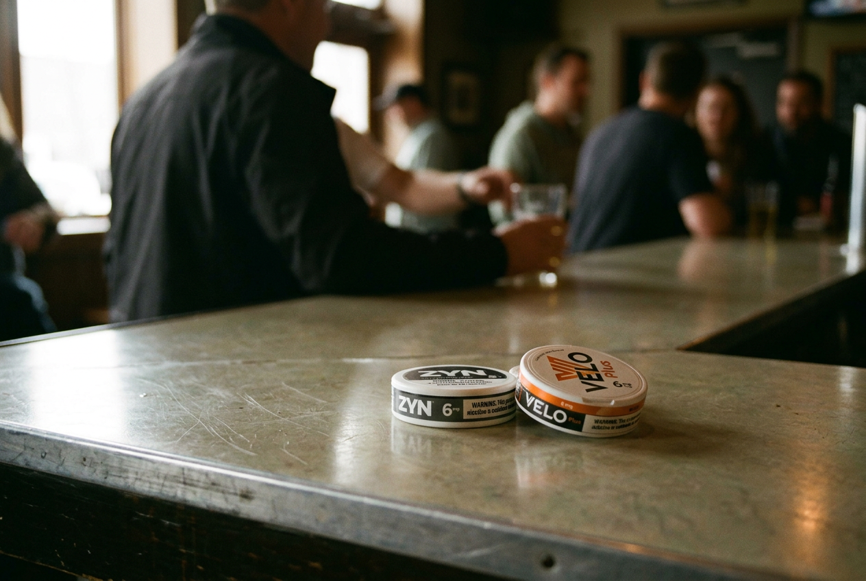 A ZYN 6 mg can and a VELO Plus 6 mg can beside their side-panel labels on a plain counter.