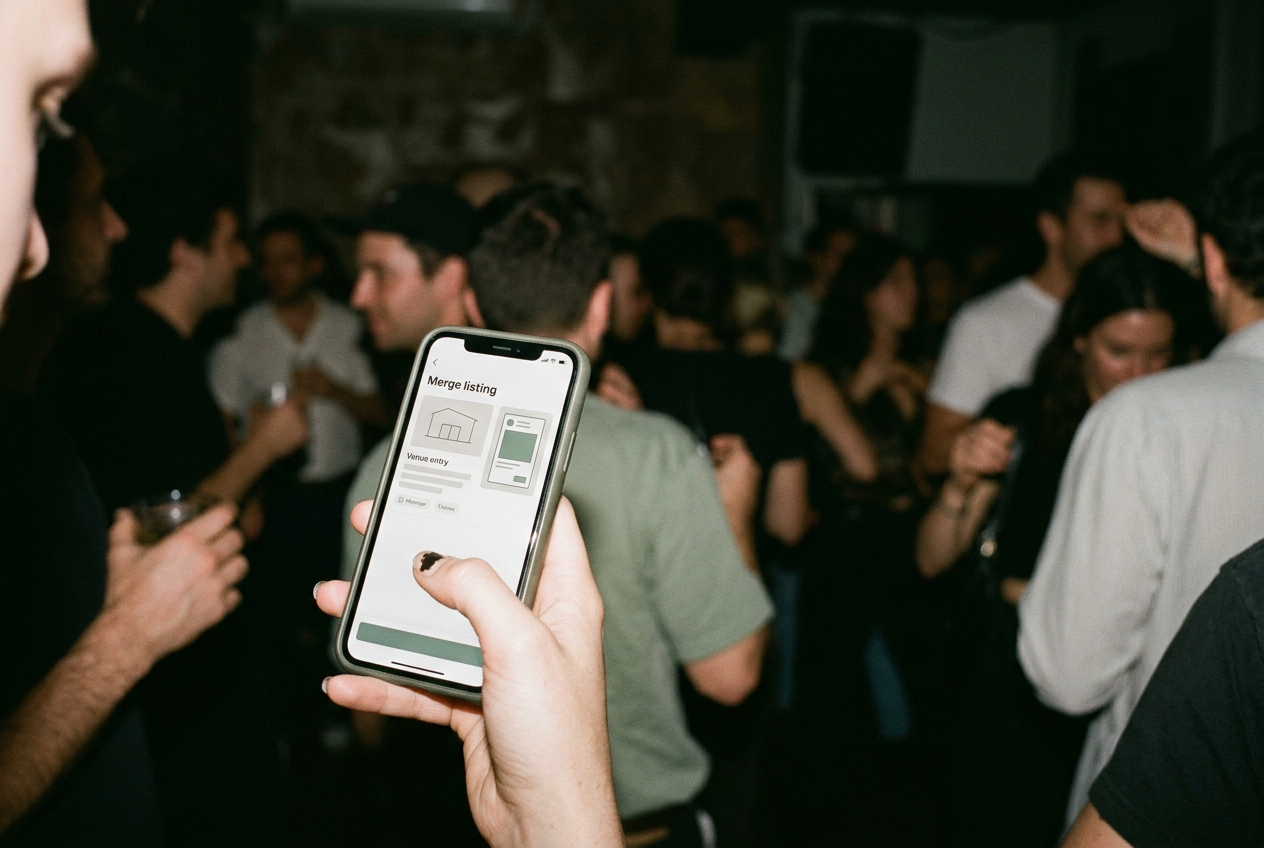 A phone showing a party listing with a Brooklyn venue marked TBA beside an image-only flyer.