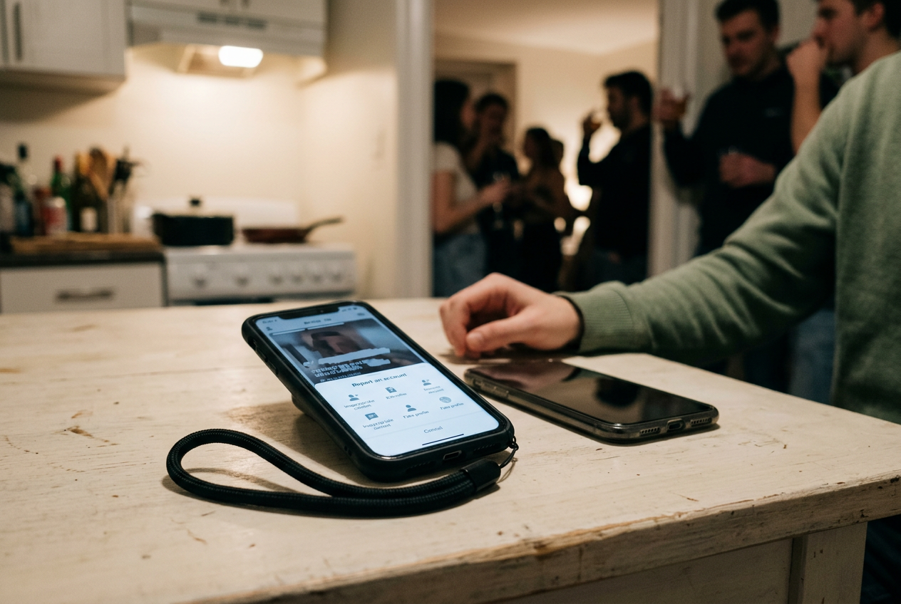 A phone in a black nylon wrist lanyard displays a dating-app report menu beside a second phone used for documentation.