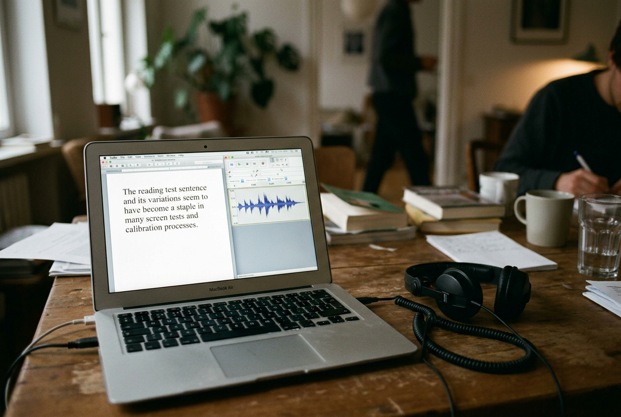 Laptop showing a TTS script with “Reading, Pennsylvania” beside an audio waveform and headphones.
