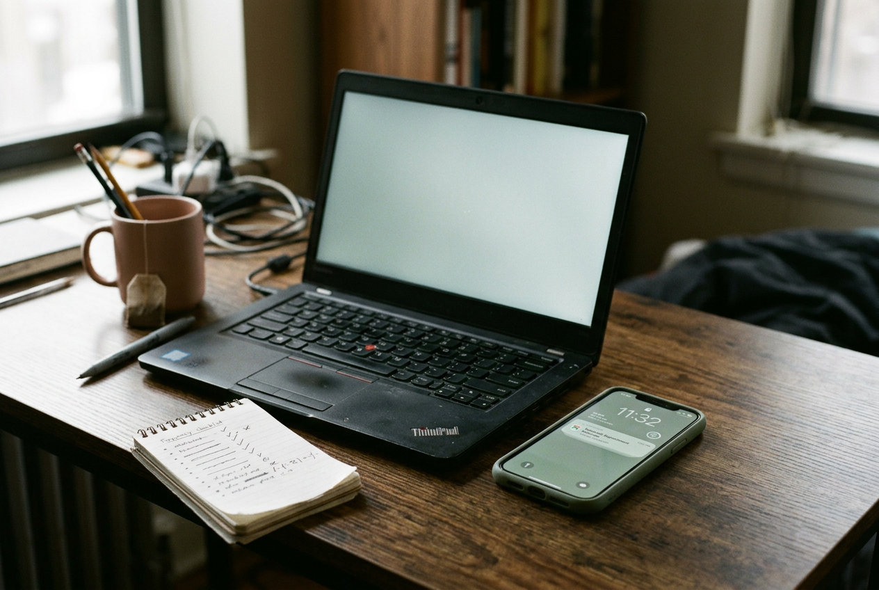 A laptop displaying a mental-health intake checklist beside a phone and appointment card, with no person visible.
