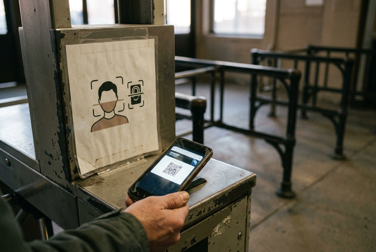 A phone showing a mobile-ticket QR code near a facial-recognition notice at an arena entrance.