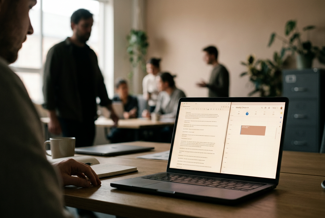 A laptop showing an AI meeting transcript beside a calendar invite labeled Weekly Check-In.