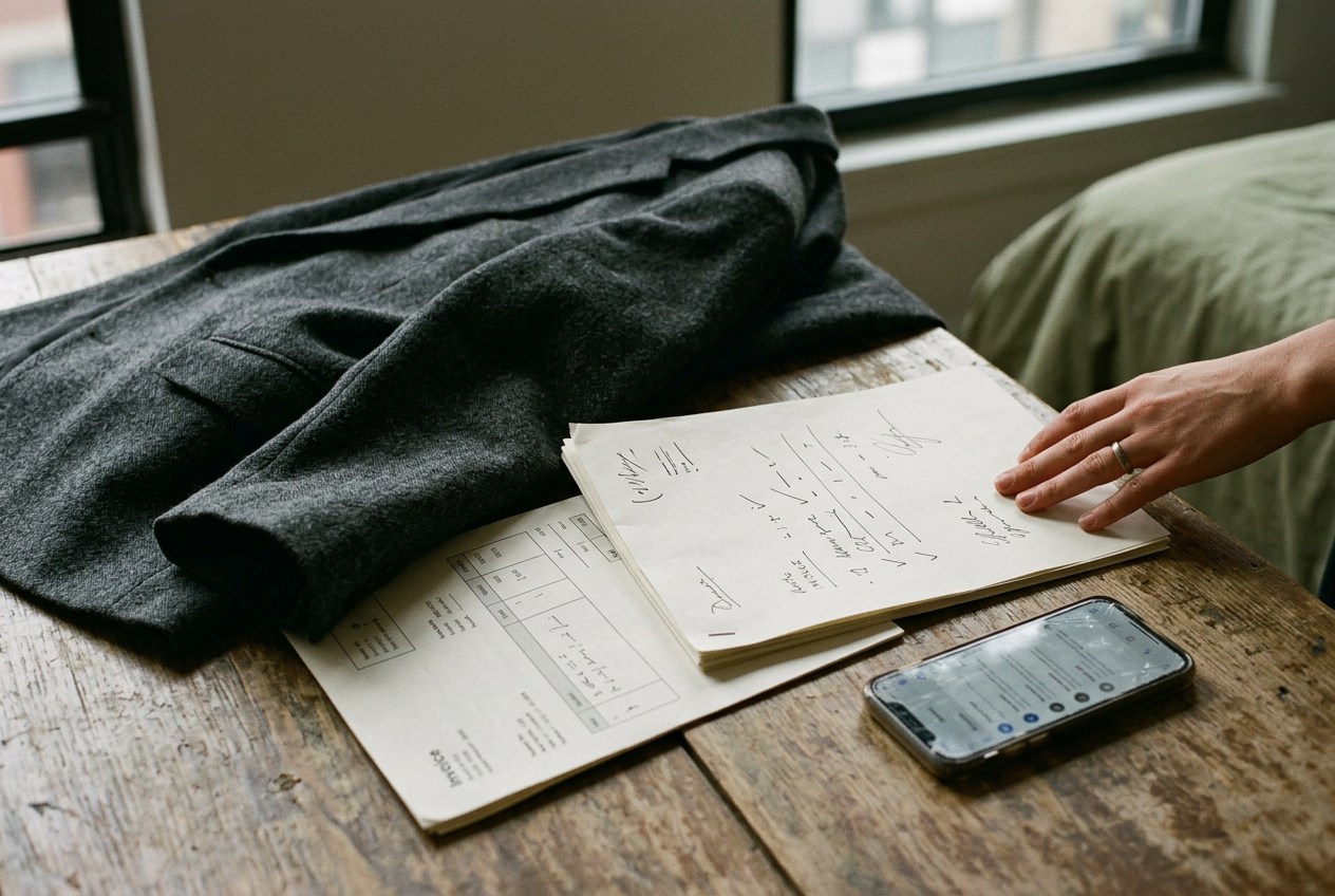 A black wool-blend blazer beside a creator contract, invoice and phone showing a brand email.