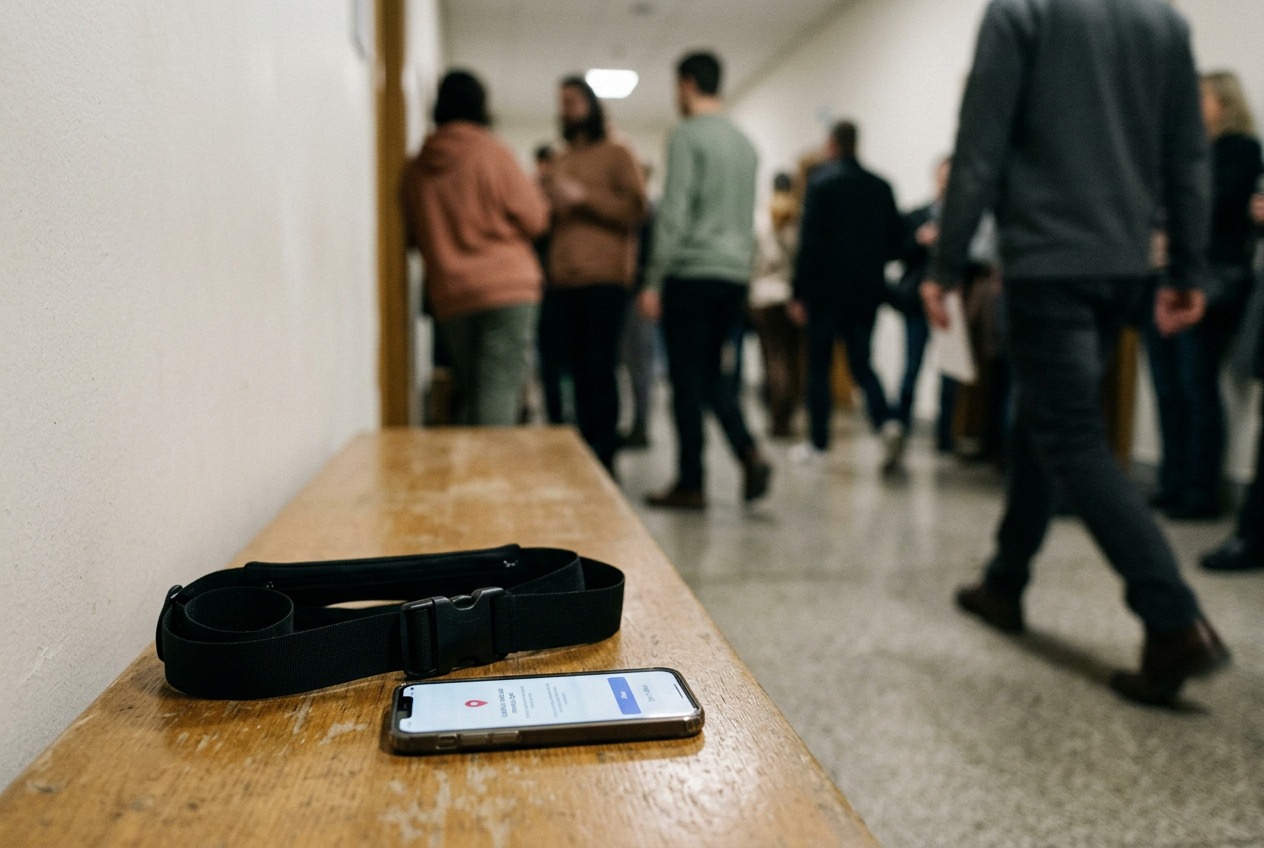 A black nylon running belt beside a phone showing dating-app location controls on an ordinary hallway bench.