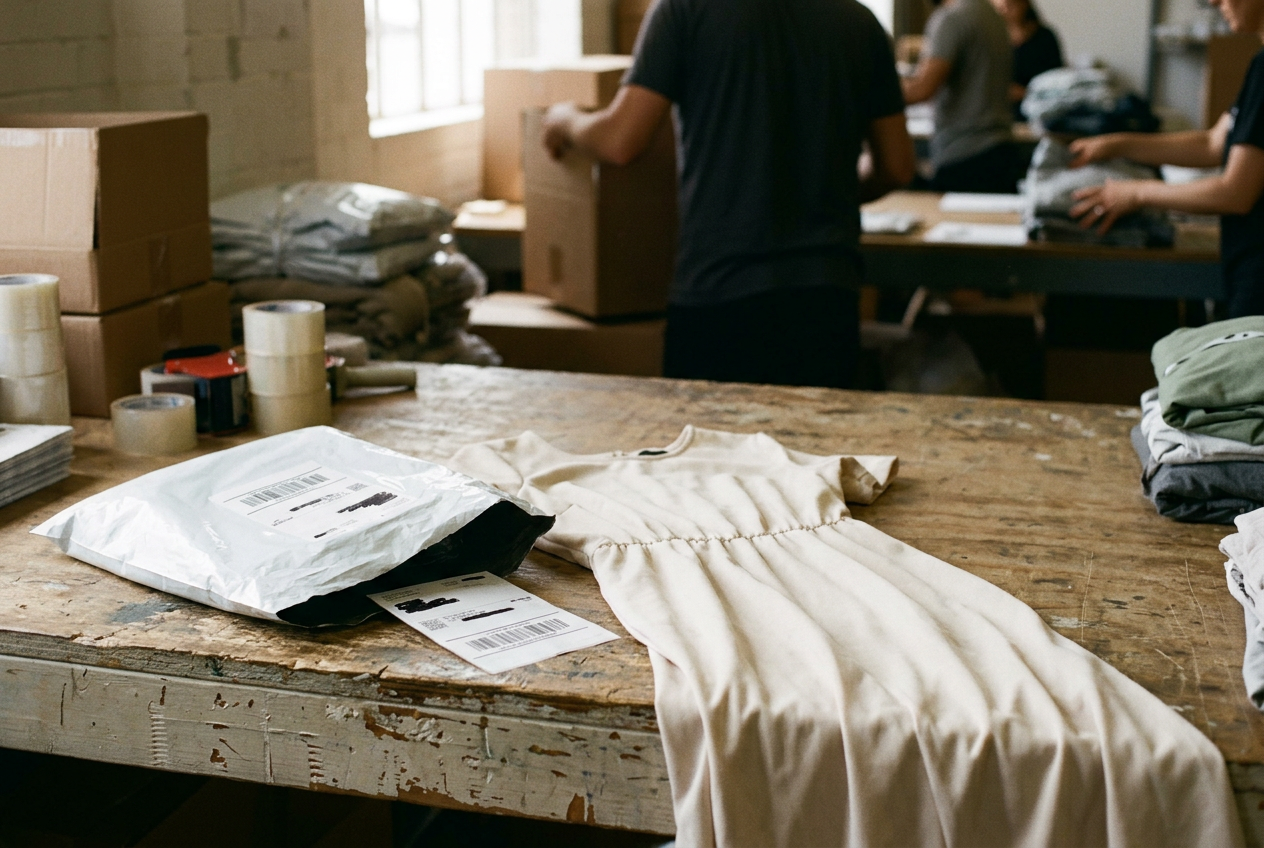 A cream polyester midi dress folded beside a return label and torn shipping bag on a warehouse table.