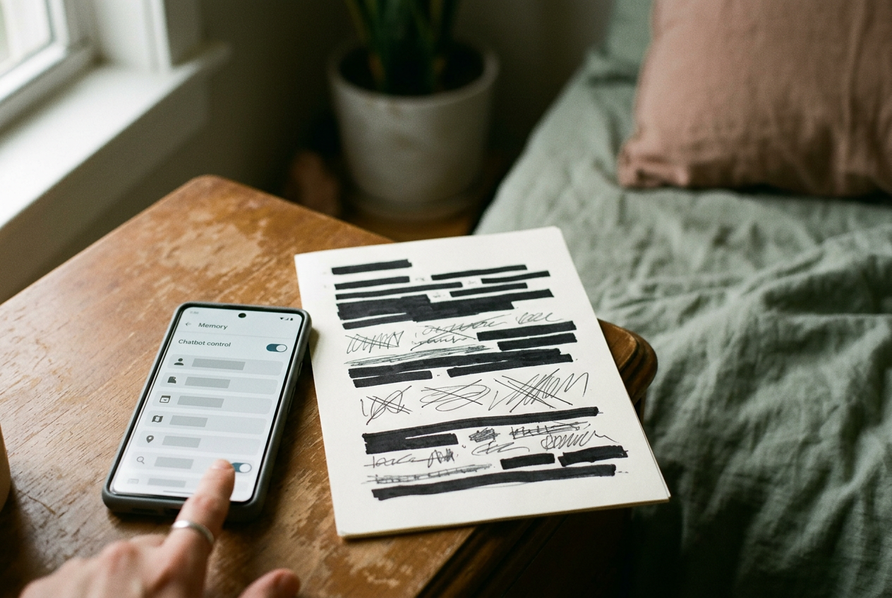 A phone showing a chatbot memory screen beside handwritten notes with identifying details crossed out.