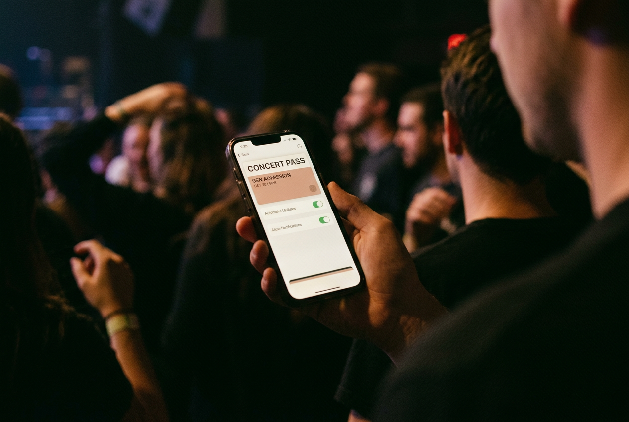 A concert ticket open in Apple Wallet beside its Automatic Updates and Allow Notifications controls.