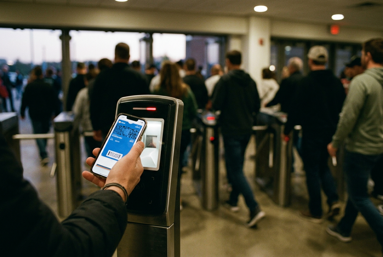 A Ticketmaster SafeTix pass open in Apple Wallet beside an arena entry scanner, with no people visible.