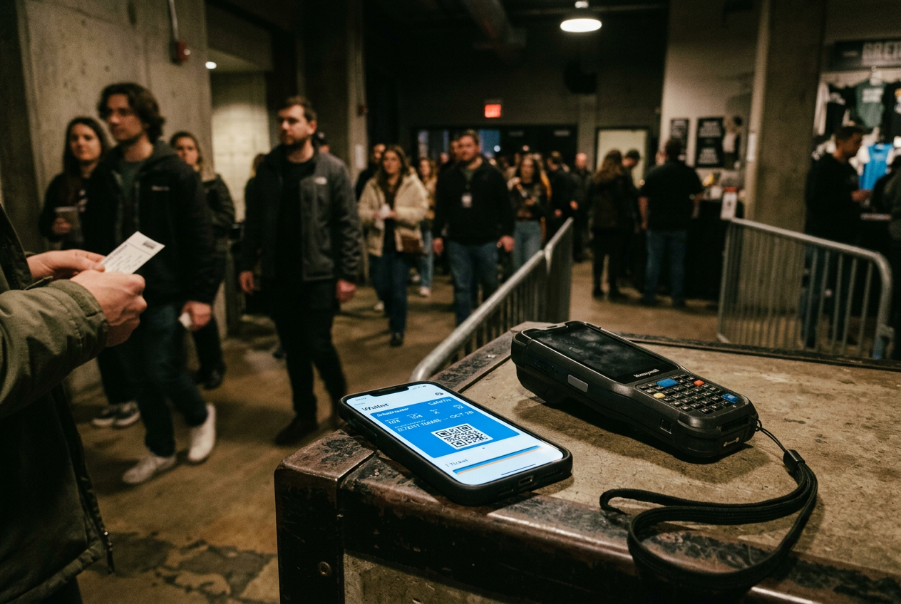 A Ticketmaster SafeTix pass open in Apple Wallet beside a concert venue scanner.