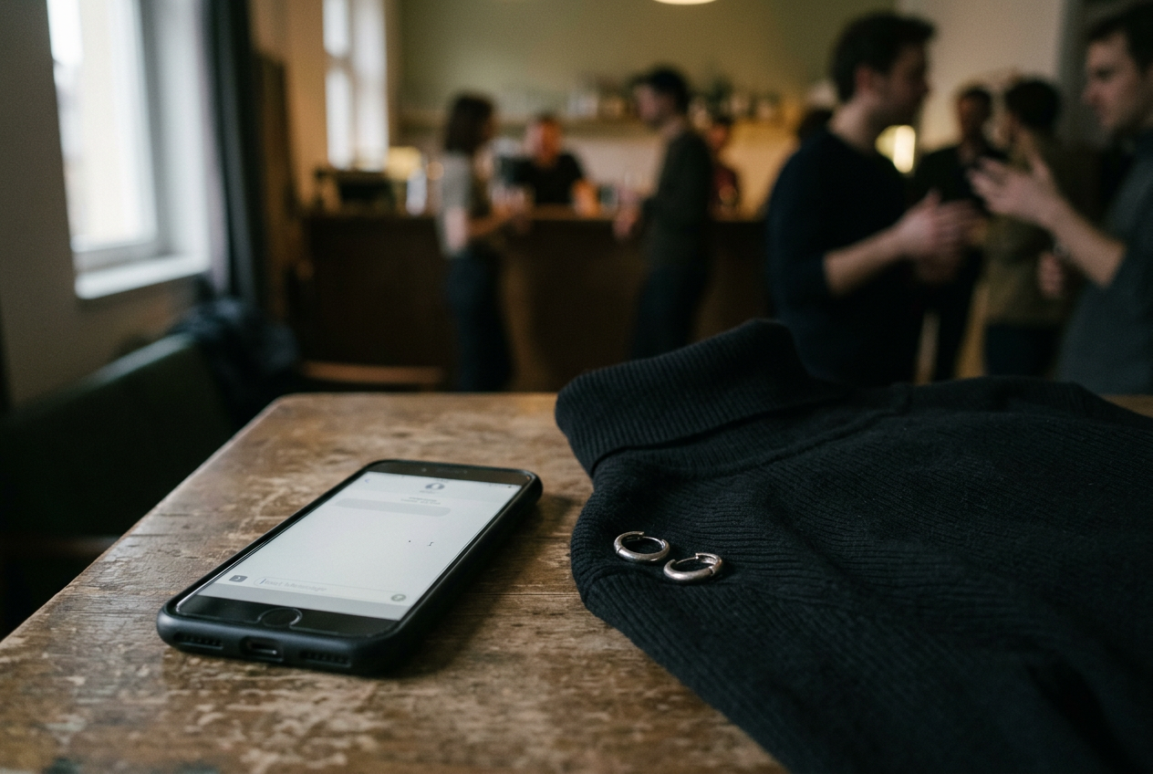 A phone displaying a moderation appeal form beside small silver hoop earrings on a black turtleneck.