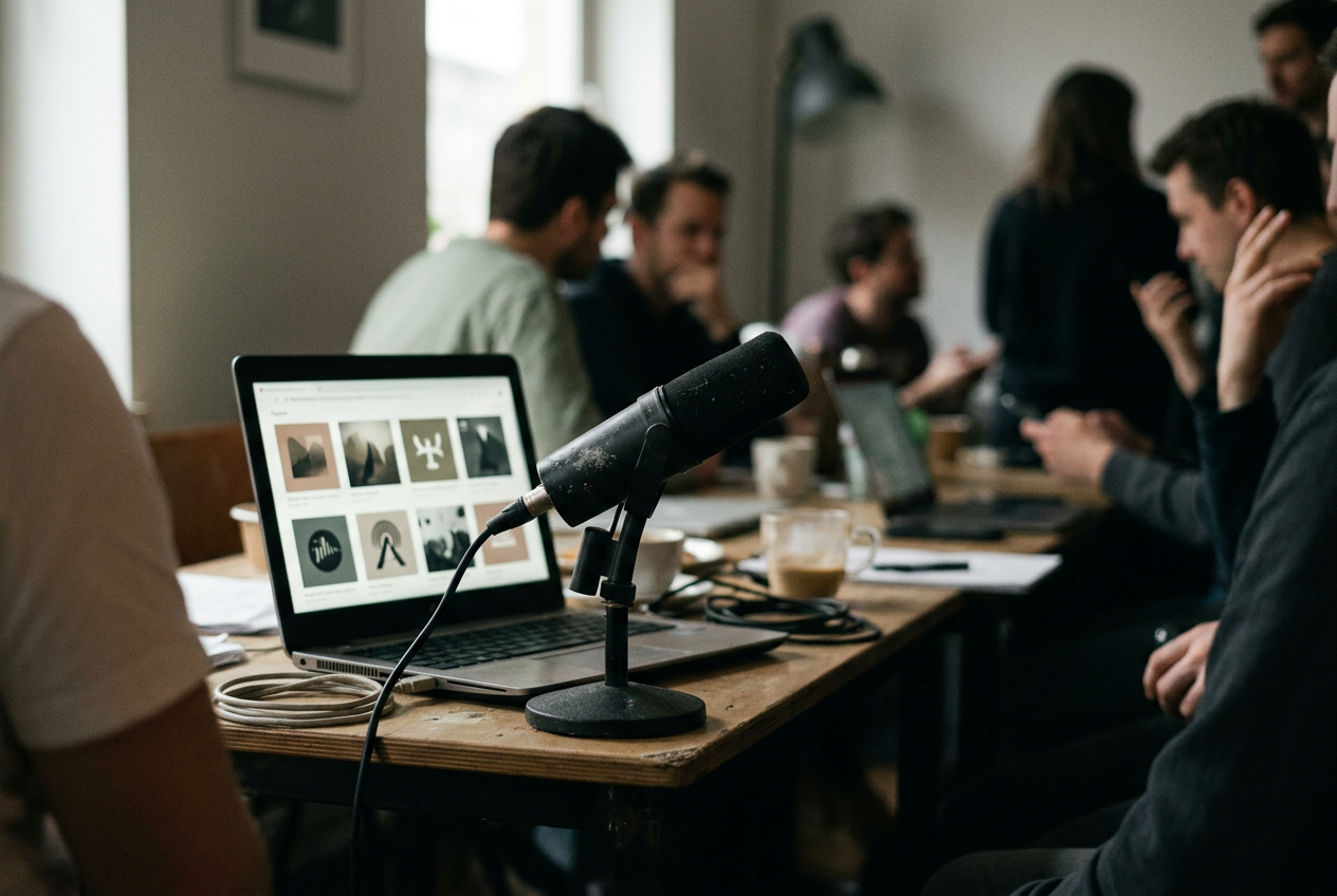 A podcast microphone beside a laptop showing an inactive show feed and its archive of episodes.