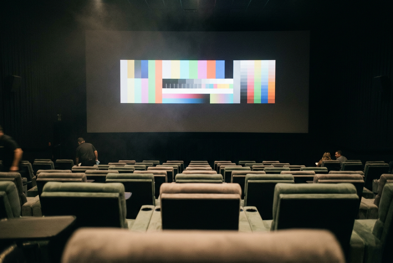 An empty premium cinema auditorium showing unused screen area around a wide movie frame.